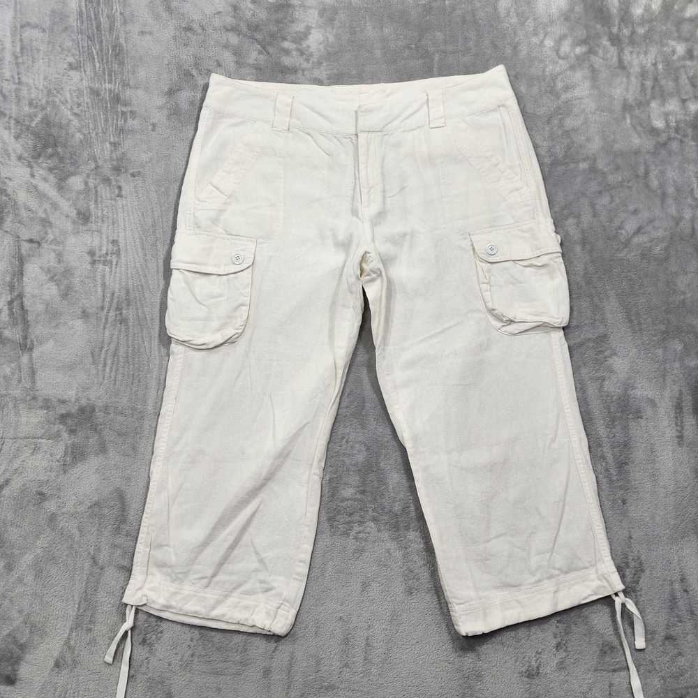 Envision Studio Pants Womens 16 White Linen Cargo Capri Crop Relaxed Drawstring